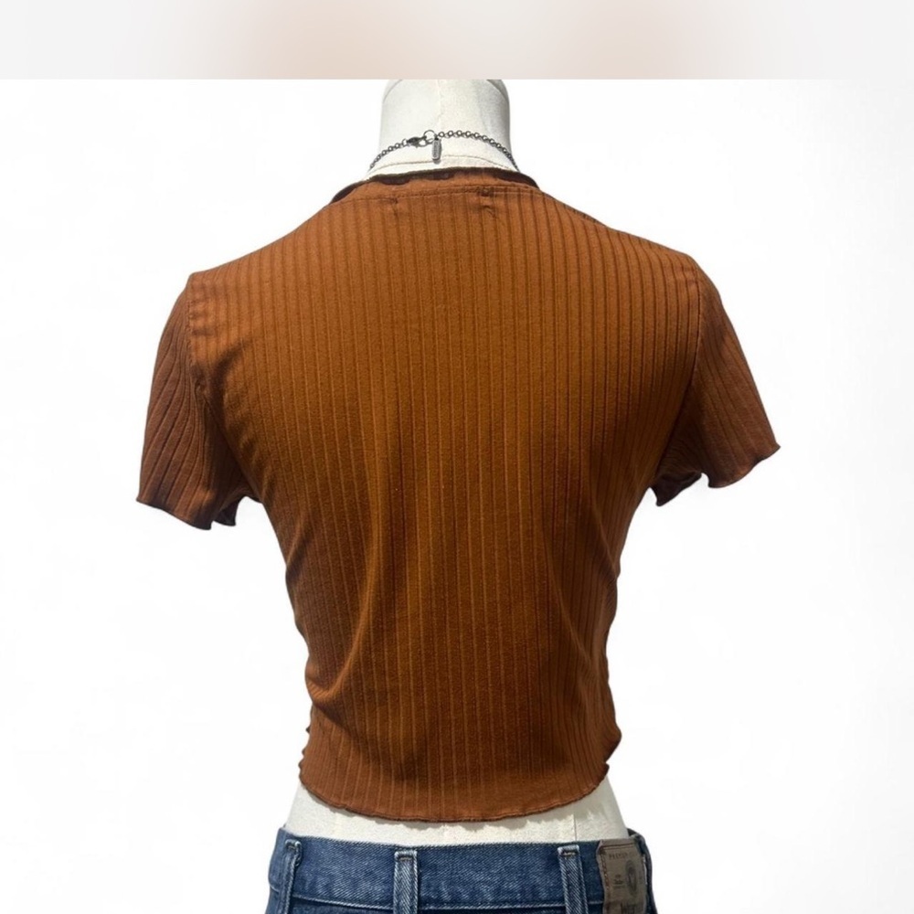 Cropped Tie Front Cardigan Burnt Orange Brown Ribbed Short-sleeved Size XS - Picture 2 of 6